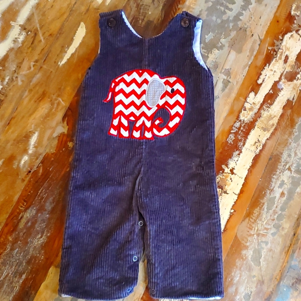 LA Jenns Boys Jon Jon Elephant Applique Dark Grey Corduroy GUC Size 12M